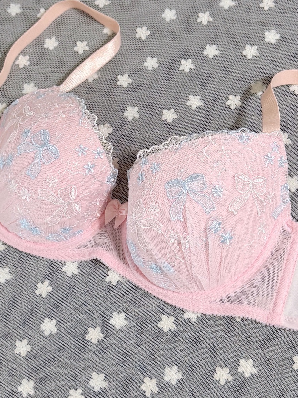 US-32C/JP-E70 Japanese Brand Cute Pink Bow & Floral Embroidery Push Up Bra Girls